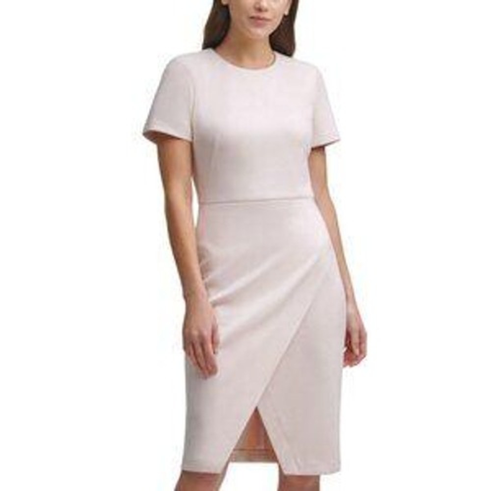 NWT Calvin Klein Sheath Dress Womens 14 Pink Faux‎ Wrap Short Sleeve Gold Zip